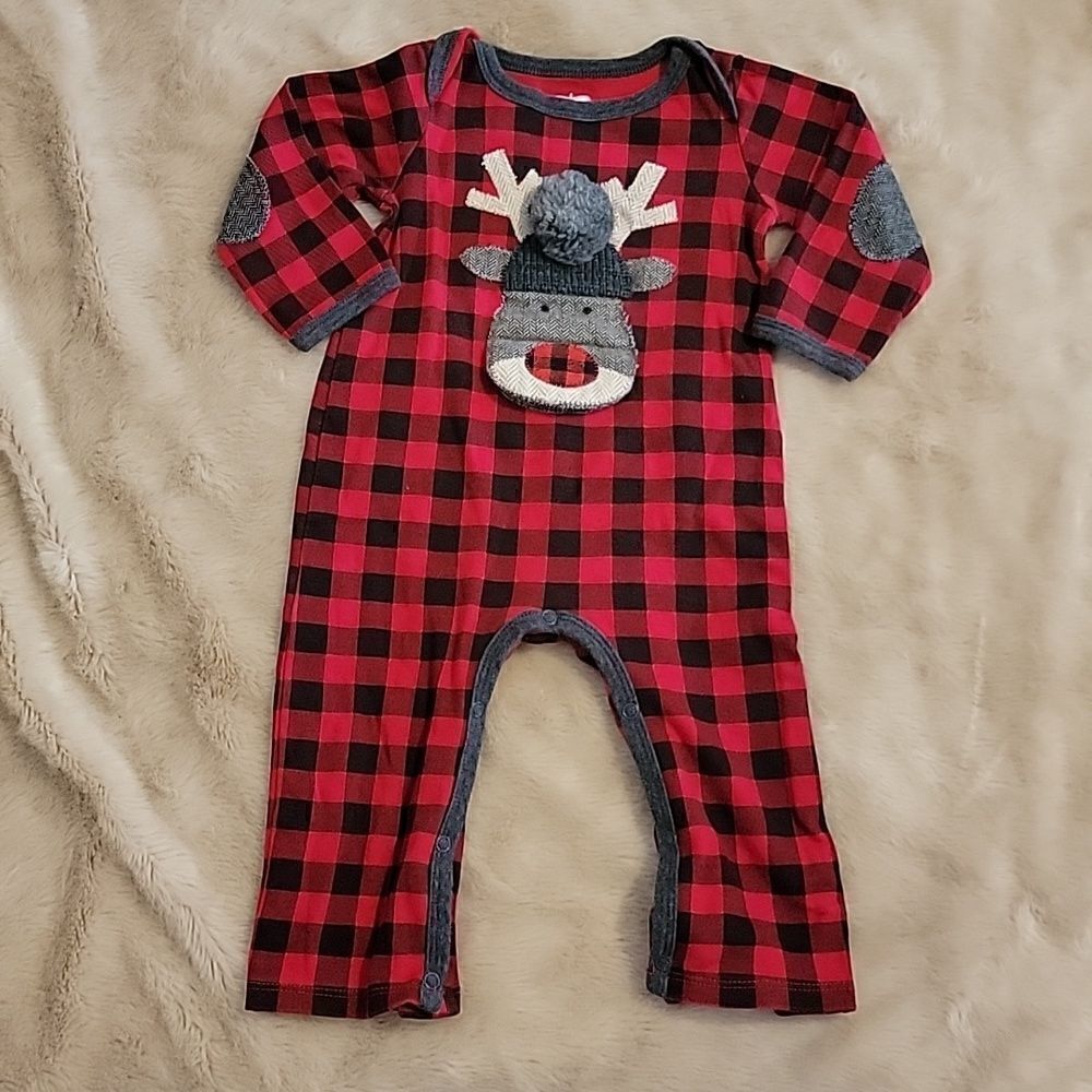 MUD PIE BUFFALO PLAID REINDEER ROMPER, SIZE 9-12 MONTHS